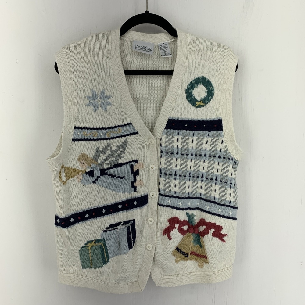 Vintage Y2K Christmas Winter Sweater Vest Wine A Medium Angels Bells Ugly Party
